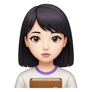 a girl with almond-shaped black eyes, with her straight and side bangs black hair, mauve-colored lips, wearing a white simple school top for her school ID picture sticker
