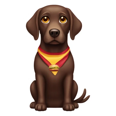 Chocolate female Labrador with amber eyes wearing a hamburger costume sticker