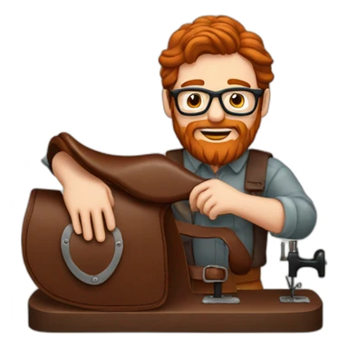 Red haired man with beard and glasses hand sewing a leather saddle sticker
