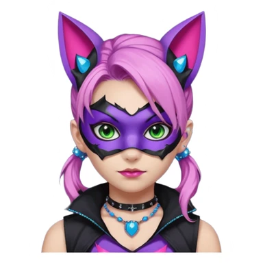 Girl with green eyes, wearing a bat mask with pink stones around her eyes, her hair tied in a ponytail, the hair is purple with blue and pink streaks, with black cat ears with pink stones around, wearing a black shirt that covers the neck, and a sleeveless blue jacket, and a necklace of pink stones sticker