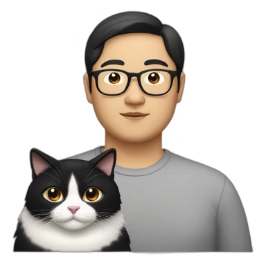 fat tan bespectacled Asian Man with black neck length hair and a black and white cat sticker