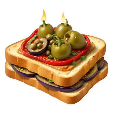 Catalan toast with roasted red peppers, eggplant, anchovies and green olives on top, drizzled with olive oil sticker