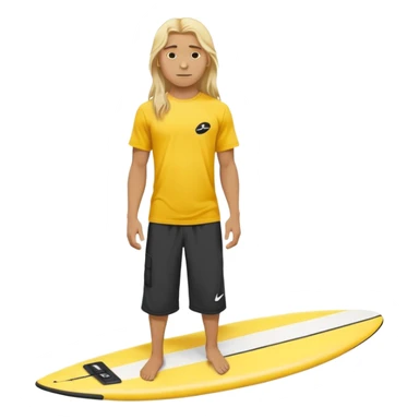 Surfer with long blond hair, yellow t-shirt with black Nike logo in center of chest, black baggy sweatpants. On a yellow and white board sticker