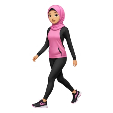 tan skin, hijabi young women in pink hijab, going for walk in black active wear clothing full body, walking  sticker