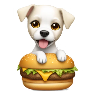 A white small dog in a cheetah outfit with burger  sticker