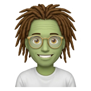 man with brown dreads white tee golden eyes light green skin glasses and white smile sticker