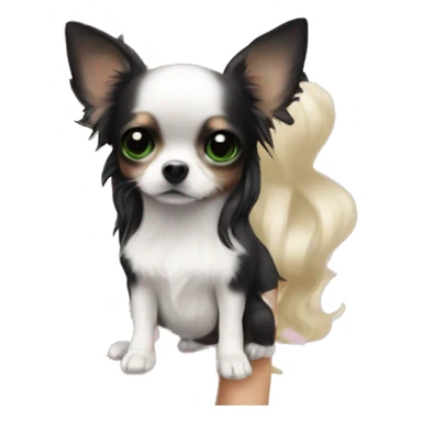 pale blonde girl with long platinum white wavy hair with bright green eyes and wearing a light pink hair bow holding a black and white long haired chihuahua puppy also wearing a hair bow sticker
