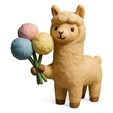 alpaca holding cotton candy bouquet in claymation style sticker