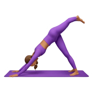 A woman wearing a purple yoga suit doing downward dog pose on a mat, pastel background with floating stars. sticker