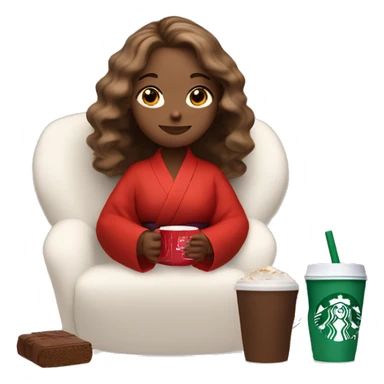 a girl with light brown hair and a beautiful dyson hairstyle is sitting in a red silk robe with her eyes closed and with a white Starbucks cup with cocoa at her mouth and drinking sticker
