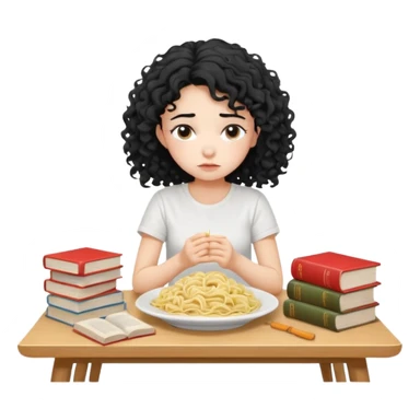 generate a pretty bratz fair skinned girl with curly black hair wearing a white tshirt sitting on a table with noodles and books. looking sleepy and tired and sad sticker