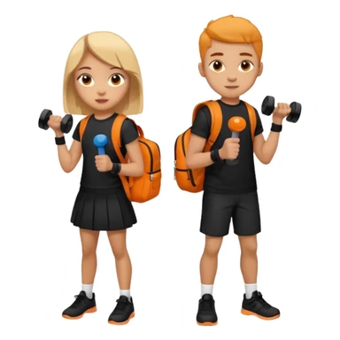 light skin students girl and boy with school bag full of books on back and dumbell in hand. Clothes are in black and orange colours. They are going to the gym sticker