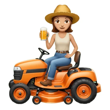 White woman with brown hair, without glasses wearing a straw hat, on old orange ride on lawn mower, holding a beer with one hand and holding the steering wheel with the other hand. Woman is smiling.  sticker