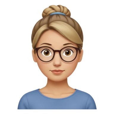 femme de 38 ans avec des cheveux tirés vers l'arrière blond foncé sans mèche devant, un chignon haut, yeux bruns, lunettes rondes, visage ovale sticker