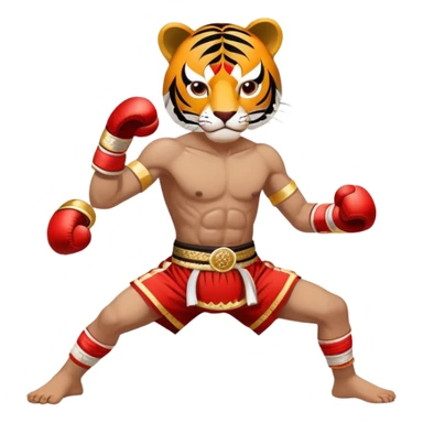 A fierce Muay Thai fighter wearing traditional mongkhon headband and elbow/knee wraps, in fighting stance with a tiger-like intensity, compact and stylized, with gold and red accents sticker