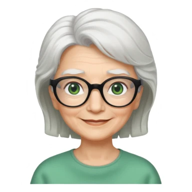 White hair grandma, green eyes, hair to shoulder, lokeg black glasses, rectangles face, smile , sticker