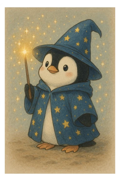 A cute penguin wizard with a starry robe and a glowing wand, magical sparkles around, ghibli style sticker