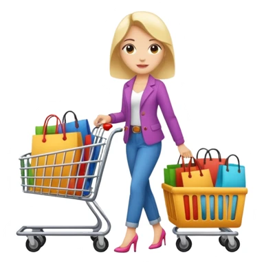 Carrinho de mercado cheio de compras femininas, com diversas maquiagens, roupas  sticker