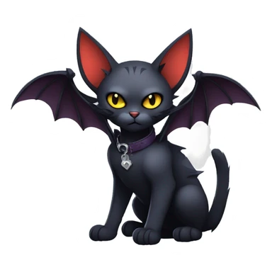  cool edgy dark-themed animal vampiric cat-hybrid Fakemon with fangs and bat-wing-ears with a collar full body sticker