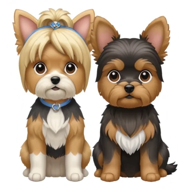 Generate a blue and tan purebred yorkie with a blonde shi tzu yorkie mix with floppy ears sitting next to each other. Make them the same size sticker