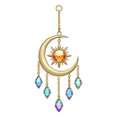 Hanging chained sun-catcher with iridescent crystal gemstones  and gold crescent  sticker