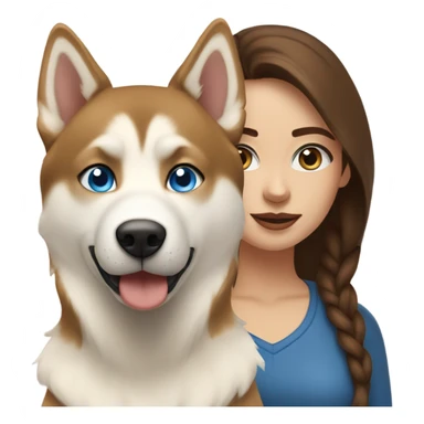 Woman brown hair blue eyes with Husky beige golden sticker