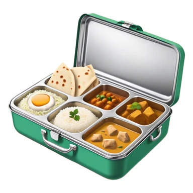 traditional Indian lunchbox (tiffin) with three compartments total, each filled with Indian food—one with rice, one with curry, and one with paratha . The lunchbox should be open, showing the food inside, with steam rising to indicate it’s fresh and hot. sticker