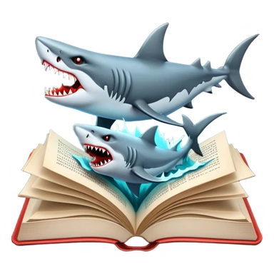 Icon for Horror & Mystery Reading: an open book with eerie glowing symbols, from which rise Dracula with fangs, flying bats, a zombie hand, and a lurking shark with sharp teeth. Surrounding elements. Transparent background. sticker