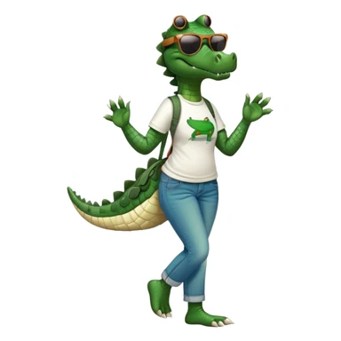 anthropomorphised female crocodile in a band t-shirt and jeans with sunglasses walking upright, relaxed pose sticker