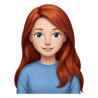 woman with long dark auburn red hair that is mostly straight but has slight waves to it. grey blue eyes. some freckles. wearing a Swedish style sweater that is neutral. smiling.  sticker