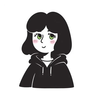 A cute girl with white skin, dark wavy hair just below her shoulders, green eyes, fair skin, a soft pink blush, and burning stars in her eyes. She has a thin neck and is wearing a black hoodie. The girl has long bangs styled on both sides of her face. sticker