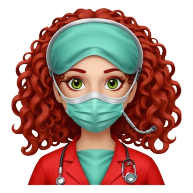 Sensual Spanish Lilith core evil surgeon.red outfit.  Surgeon has hazel-green eyes. Her hair is BROWN. Hair is also  long and  curly. wearing a sexy surgeon outfit with platform  heels.she is a calculated killer. She covers only her mouth and nose with mask to hide identity carries  sticker
