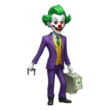 Skinny Clown looking like the Joker in a business suit with a suitcase of money in his hand in full growth sticker