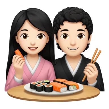 czarnowłosa ksieżniczka w dlugich wlosach je sushi z chłopakiem o czarno brązowych kręconych włosach i są zadowoleni i są nastolatkami i te włosy są lekko krecone i chłopak ma włosy do wysokosi nad brwiami sticker