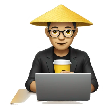 A memoji-style Vietnam man with yellow skin, wear nearsighted glasses, a traditional Vietnamese conical hat , black shirt, sitting at a desk with a cup of coffee, typing on keyboard, laptop with a logo styled as '</>' in front front sticker