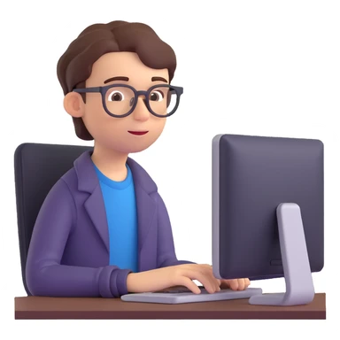3D emoji style portrait of a calm student taking an online test, wearing glasses, looking at a computer screen sticker