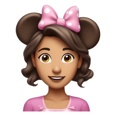 Brunette woman with brown eyes wearing pink minnie mouse ears sticker