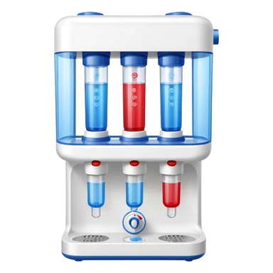 “Flat icon of a dual-temperature water purifier with red and blue nozzles, modern white body, clean vector style” sticker