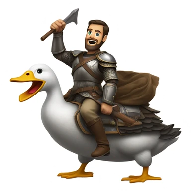 Confident armored White Man with dark brown hair and a short beard pointing forward with one arm yelling a battle charge while riding on the back of a giant duck sticker