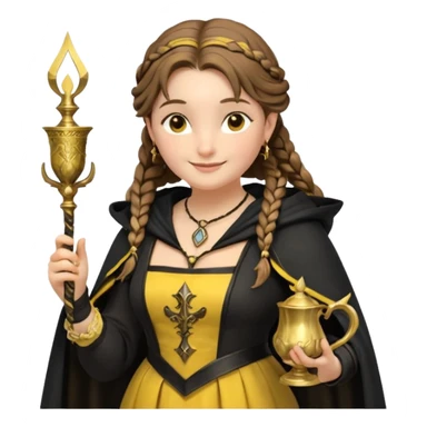 Helga Hufflepuff,the Hogwarts founder of Hufflepuff,brown-haired,2braids,yellow-black medieval dress with black cloak decorated with gold braiding,flickering magic wand and tiny two-handled shiny gold cup engraved with the badger silhouette,very kind smile,curvy busty sweet sticker
