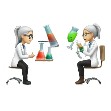 scientists discussing by the window two girls with a beaker sticker