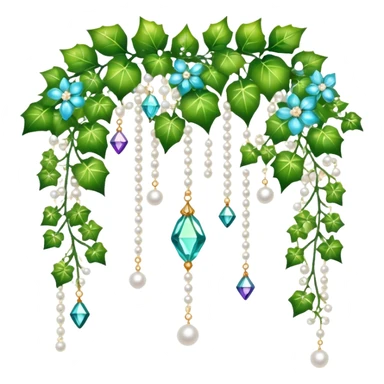 Exotic romantic Few cute tiny Iridescent glistening glossy sparkly shiny glittery hanging crystals pearls and beads and gemstones scenery scenic decorations with ivy and flowers sticker