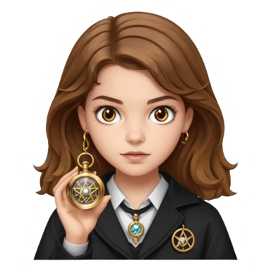 Barbara Palvin as Hermione Granger with brown eyes and holding a time turner sticker
