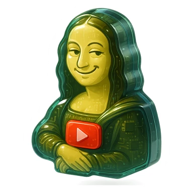 Mona Lisa with a playful sarcastic grin, red YouTube play button, glossy circuit style sticker