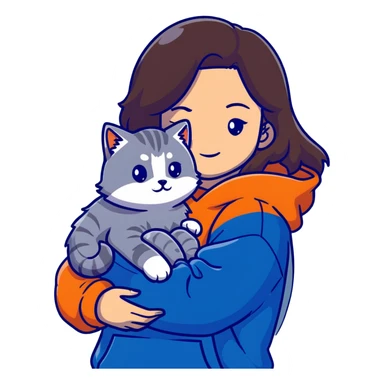 Brunette girl with dark blue sweatshirt cuddling a fluffy grey Siberian cat, detailed illustration sticker