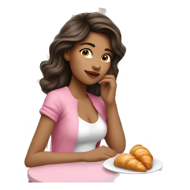 Attractive brunette girl sitting on a white chair wearing jeans and white shoes and pink top with a pink bow in her hair eating a croissant at a table in Paris  sticker