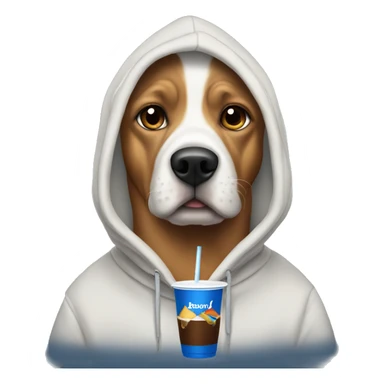 Dog wearing hoodie drinking Dutch Bros sticker