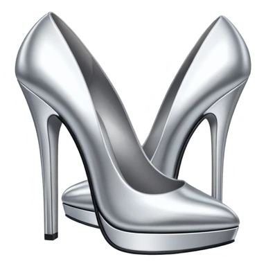 A pair of high heel shoes emoji made of polished silver chrome, elegant sharp silhouette, smooth metallic surface, glossy reflections, luxury sexy vibe, minimalistic iOS emoji style, centered, clean white background sticker