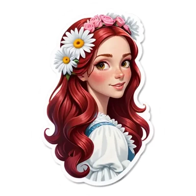 Realistic european woman with long red  hair with pink roses & white daisies in hair sticker