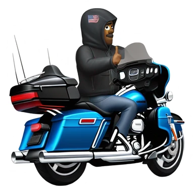 forward angled view of a harley davidson electra glide ultra classic with big blue pearl and vivid black two color paint scheme with recurve windshield, a radio antenna and a citizen's band radio antenna and an older man sitting on the front seat. sticker